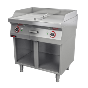 Płyta grillowa 1/2gł. + 1/2ryf. chromowana 800 mm 9,6kW na podstawie szafkowej otwartej