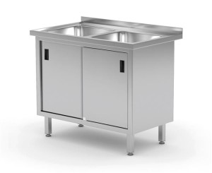 Stół z dwoma zlewami, szafka z drzwiami suwanymi, o wym. 1000x600x850 mm Wariant podstawowy