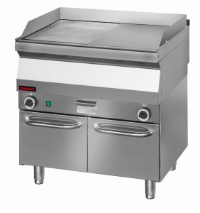 Płyta grillowa 1/2gł. + 1/2ryf. chromowana 800 mm 9,6kW na podstawie szafkowej zamkniętej