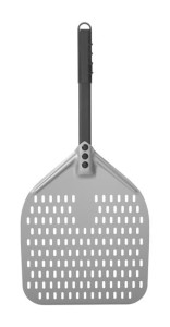 Łopata do pizzy z perforacją i krótką rączką, kwadratowa z anodowanego aluminium, 305x560mm