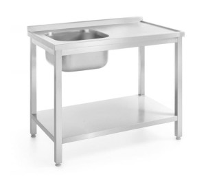 Stół ze zlewem 1-komorowym i półką – skręcany, głębokość 600 mm, HENDI, Kitchen Line, Lokalizacja komory - po lewej, 1000x600x(H)850mm Wariant podstawowy